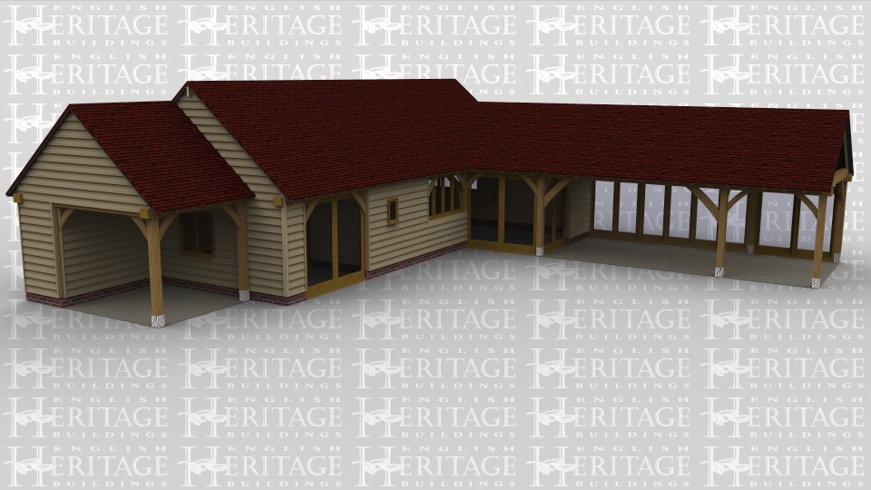 A 7 bay oak framed building made up of 3 frames. The first frame is a single bay in size with  the left hand side partially boarded and open at the front and at the rear is a solid single door. The second frame is 3 bays in size and has a 2 light window on the left wall while at the front is a 2 pane section of full height glazing at the front as well as a square window and 4 panes of garden room style glazing to allow plenty of natural light into the building., there is also a 4 light window on the right. The final frame is also 3 bays in size. It has a 2 pane section of full height glazing at the front as well as another 2 pane section of full height glazing on an internal partition on the right, the rear of the frame has 8 panes of full height glazing to allow plenty of natural light into the building.