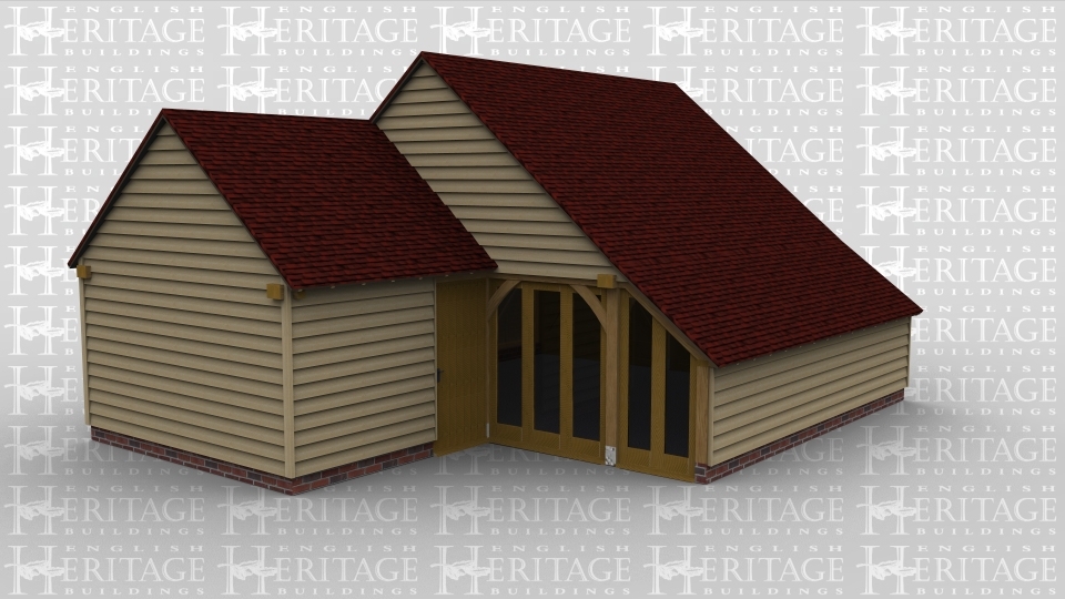 A 3 bay oak frame garage made up of 2 frames. The first frame is 2 bays in size. It has an internal aisle at the front with a 5 pane section of full height glazing on the left to allow plenty of natural light in the room, on the right side there are 2 pairs of iroko garage doors. The second frame is a single bay in size with a gable roof on the left and at the front is asolid single door.