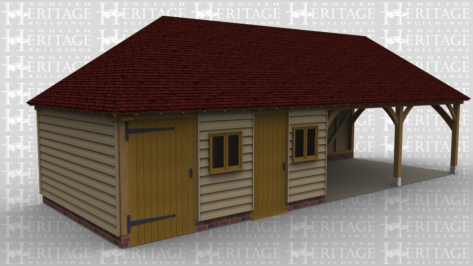 A 4 bay oak framed building with a solid single door at the front f the left bay as well as one on the second bay, there is also a 2 light window at the front of each of these bays while the other 2 bays are left open at the front and right side. There is an internal partition between the second and third bay on which there is another solid single door.
