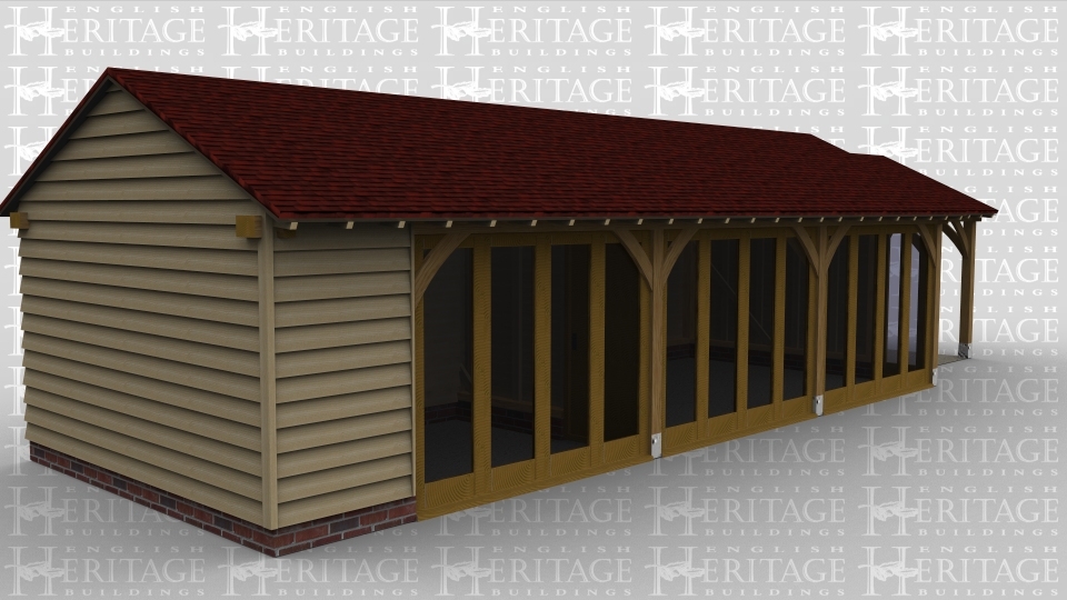 A 5 bay oak framed leisure building made up of 2 frames. The first frame is 4 bays in size with full height glazing along the front of 3 of the bays and 1 pane on the right side of the building to allow plenty of natural light into the building. The second frame is a single bay in size with the front and left side left open.