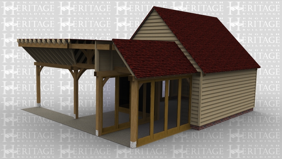 A 5 bay oak framed extension made up of 3 frames. The first frame is 2 bays in size with 4 panes of full height glazing at the front and a further 2 on the right side to allow plenty of natural light into the building. The second frame is also 2 bays in size open at the front with 4 panes of full height glazing between the 2 bays and also another section of full height glazing on the right side of the building while the left side is open. The final frame is 1 bay and is a walkway that attatches on the front to an existing building.