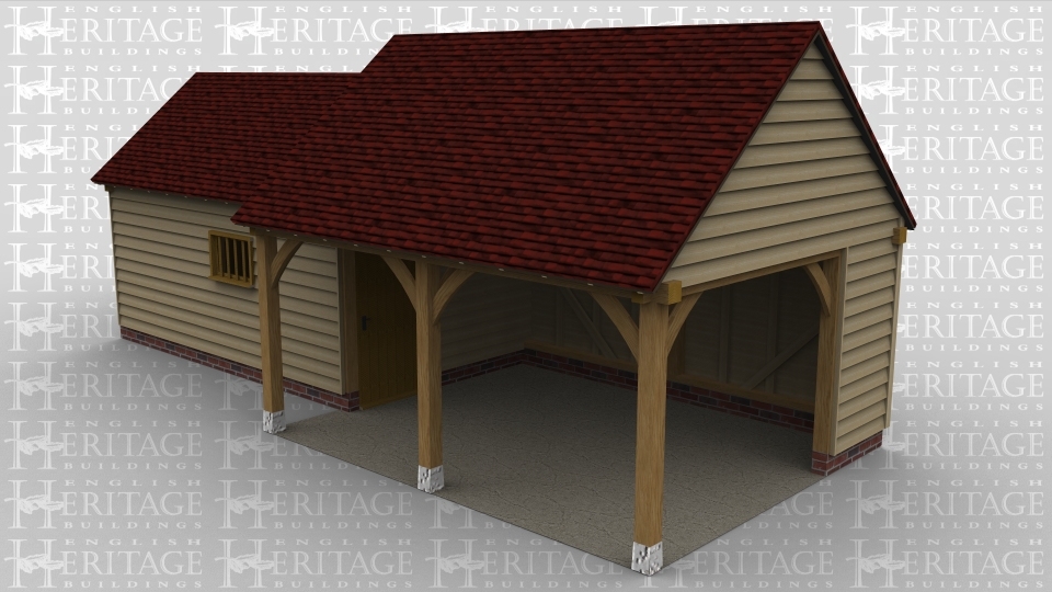 A 4 bay oak framed garage made up of 2 frames. The first frame is 2 bays in size and has a mullion window at the front while on the left is a pair of iroko garage doors, on the right wall connecting the 2 frames there is a solid single door. The second frame is also 2 bays in size open at the front with the right side partially boarded.