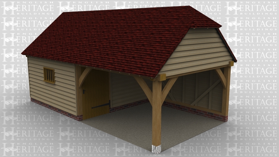 A 2 bay oak framed building with a mullion window at the front and a partition between the two bays on which there is a solid single door. The right bay is left open on the front and right.