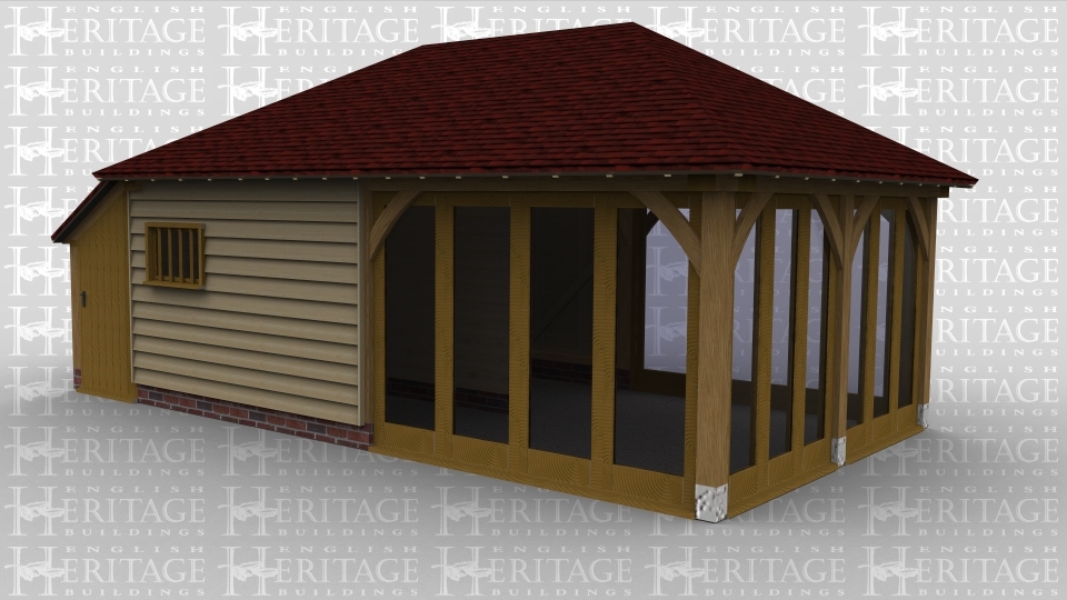 A 2 bay oak framed building with an internal aisle on the left  with a solid single door at the front of the aisle. Also at the front of the frame is a mullion window as well as a 4 pane section of full height glazing while on the right there are a further 8 panes  and 4 more at the rear to allow plenty of natural light into the building.