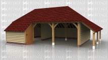 A 3 bay oak framed garage with an internal aisle at the front of the left hand bay with a solid single door in the right of the aisle. The other 2 bays are open at the front with an external aisle on the right and an internal aisle at the rear.On the left there is a barn hip roof and is open at the side.