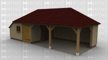 A 3 bay oak framed building with an internal aisle on the left  while at the front is a 2 light window and a solid single door while 2 bays are left open at the front and right side.