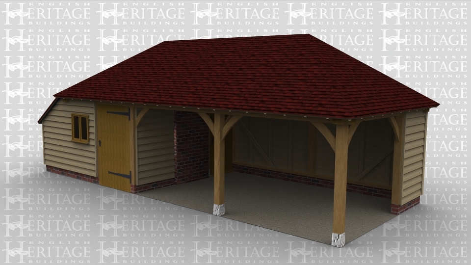 A 3 bay oak framed building with an internal aisle on the left  while at the front is a 2 light window and a solid single door while 2 bays are left open at the front and right side.