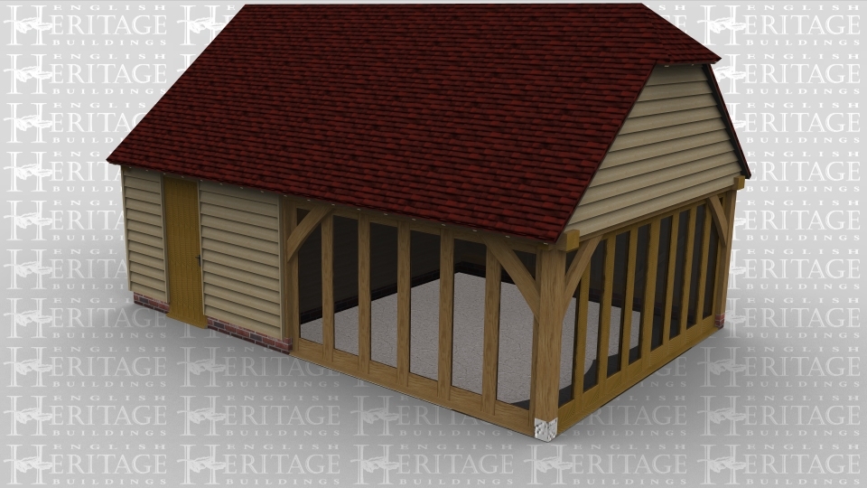 A 2 bay oak framed leisure building with a solid single door at the front as well as a 6 pane section of full height glazing in oakwhile on the right the entire wall is made up of full height glazing to allow plenty of natural light into the building. There is a gable roof on the left side and a barn hip roof on the right, at the rear is a second solid single door.