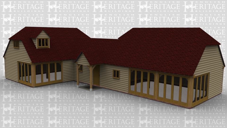 An 8 bay oak framed house made up of 3 frames. The first frame is made up of 3 bays with an upper floor. The ground floor has a 4 pane section of full height glazing on the left as well as 4 panes at the front to allow plenty of natural light into this frame. At the rear there are two 2 light windows while at the right there is a a single 3 light. On the first floor of this frame there is a dormer on the left hand bay housing a 2 light window at the front and on the right is a 3 light window while at the rear of the frame there are 2 large velux windows to allow the natural light into the first floor. The second frame is 2 bays with the main entrance and porch and provides a link between the two main frames. There is a 2 light window and a solid sinlge door at the front and at the rear is another solid single door. The final frame makes up the last 3 bays. On the ground floor there is a 2 light window at the front as well as an 8 pane section of full height glazing with an additional 4 panes on the right wall to allow masses of natural light into the room. At the rear of this frame there is a pair of 2 light windows and above is another large velux window.