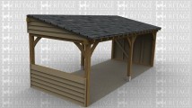 A 2 bay oak framed building open at the front ant rear with a shallow slate monopitch roof. The right side is partially weatherboarded with the top half of the wall left open.