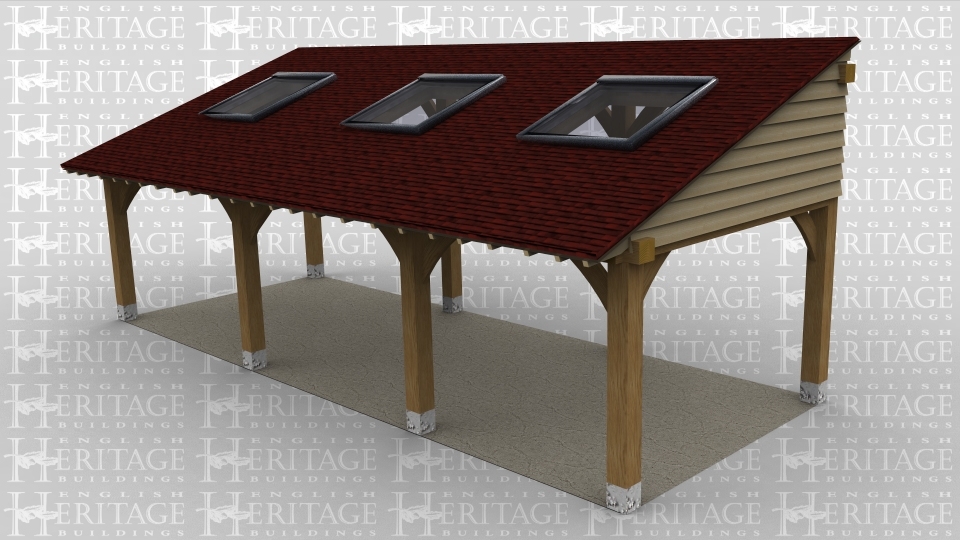 A 3 bay oak framed monopitch extension open on all sides with 3 velux rooflights.