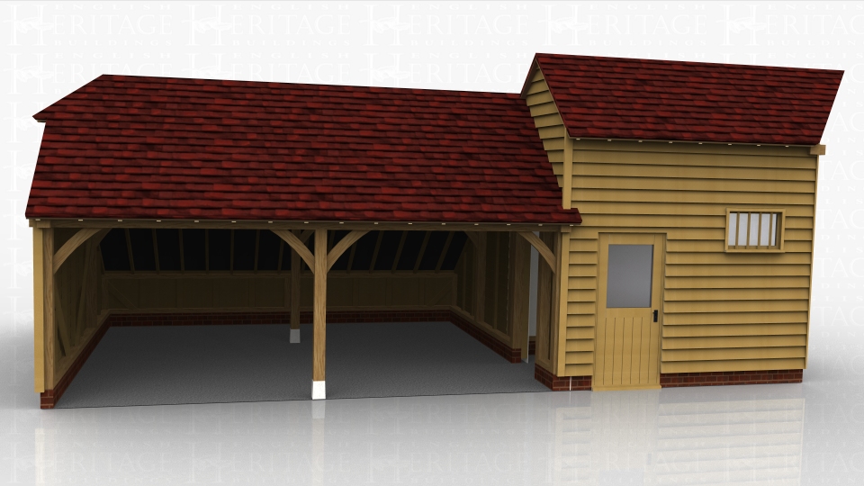 A 2 bay open garage with a link frame which attaches through to an existing building.