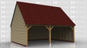 This two bay garage is a full span building with gable ends. Both bays are open at the front although the right hand bay is at its maximum width for extra space on that side.