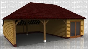 This oak framed garage has two open bays and one enclosed bay, to be used as a garden room or a home leisure room. The garden room has a pair of opening full length windows to the front and to the right side. There is also an enclosed store to the rear.