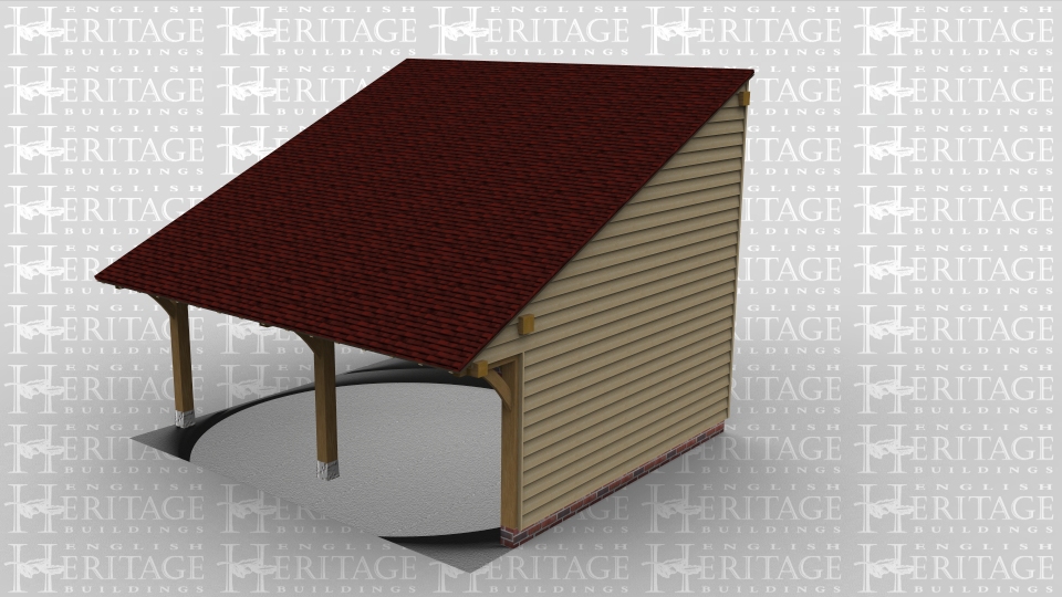 A two bay oak framed carport open at the front and with the left side open to allow it to attach to an existing building.