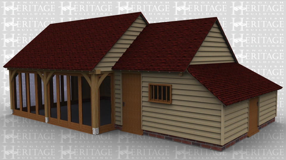 A 3 bay oak framed leisure building made up of 2 frames. The first frame is 2 bays in size, it hals full height glazing along the full span of the front wall as well as some on both the left and right to allow a plethora of light into the room, this frame also has an internal aisle at the rear. The second frame is a single bay with an internal aisle on both the right side and the rear, on the right side is a half size door and at the rear is a dormer containing a solid single door while the front has another solid single door and a mullion window