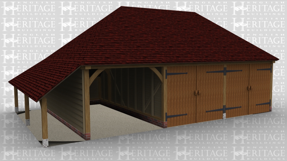 A 3 bay oak framed garage with 1 bay open at the front while the other two are enclosed with a pair of iroko garage doors at the front of each bay, there is also an external aisle on the left. and an internl aisle at the rear.