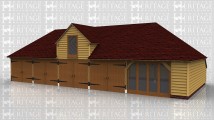 A 5 bay oak frame garage with 4 of the bays enclosed at the front with a pair of iroko garage doors while the fifth bay has a section of full height glazing and the building also has an internal aisle on the right and the rear. On the centre bay there is a barn entrace area containing a large window to allow plenty of natural light into the building.