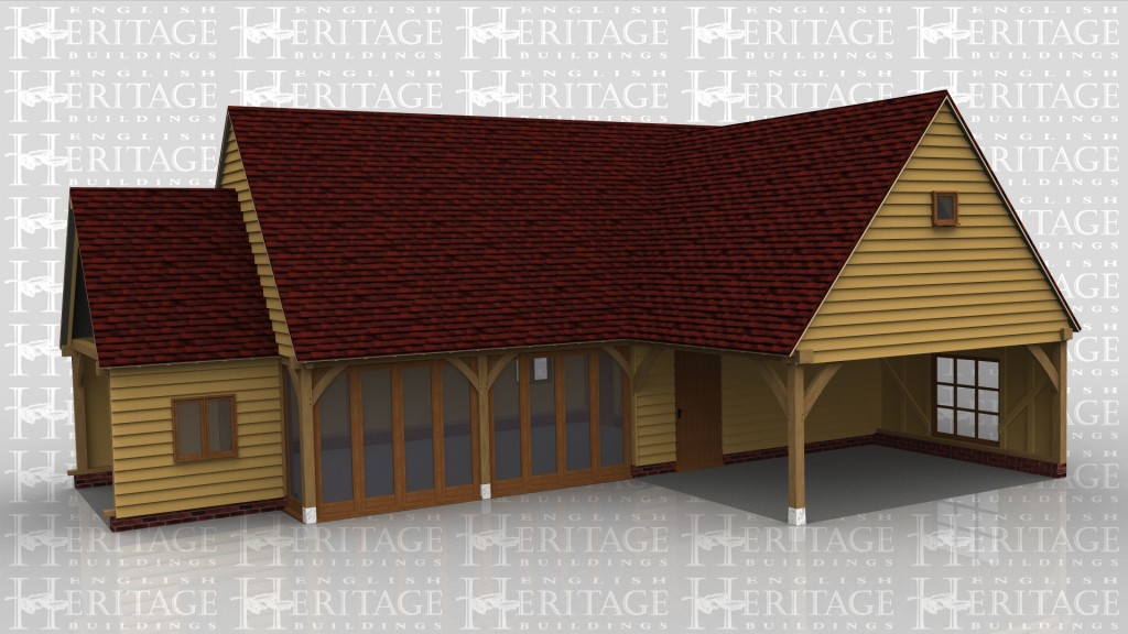 A 6 bay oak framed building made up of 3 frames. The first frame is a single bay in size and is a link building between an existing building and the other frames. It is open on the left and right with a 2 light window at the front. The second frame accounts for 4 bays with upper floor. On the ground floor there are 2 bays with the front wall made up entirely of full height glazing to allow plenty of natural light in and the other 2 bays boarded with softwood weatherboard and a solid single door, on the right side of the building is a 2 light window as well as one at the rear. The first floor has a single 2 light window on the right wall. The final frame is a single bay with the front and right side left open with a large window atthe rear.