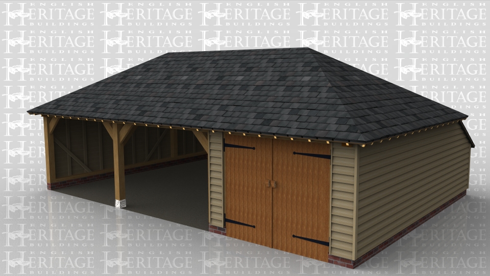 A 3 bay oak framed garage with a full hipped slate roof that has 2 bays open at the front while the third is enclosed with a pair of iroko garage doors, the left and right wall are weatherboarded while the rear has an internal aisle.