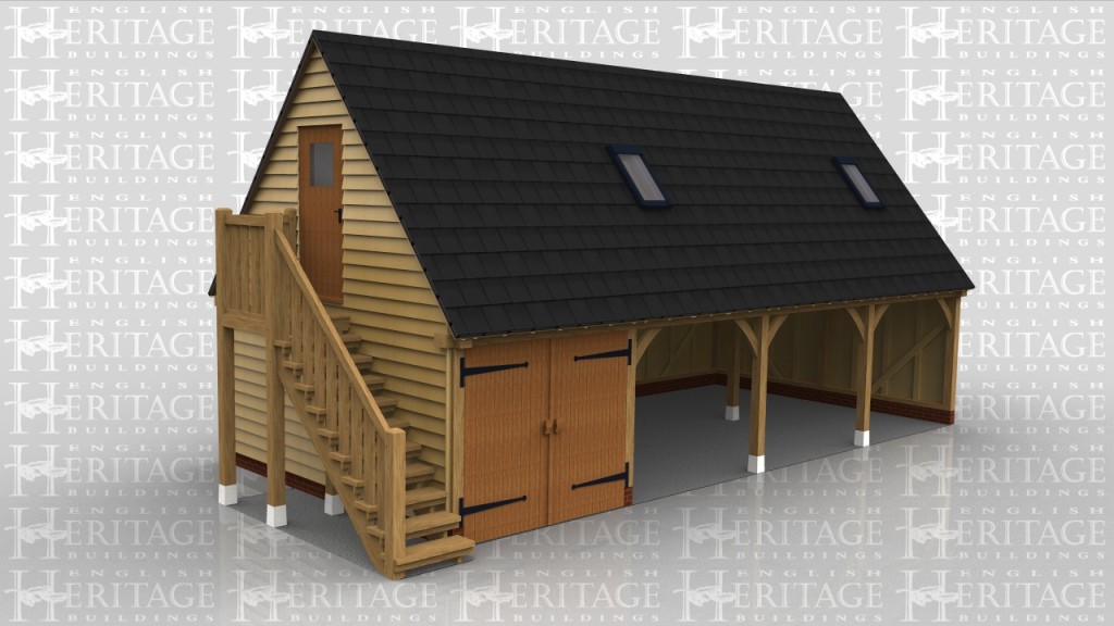 Four bay garage with 3 open bays and  1 enclosed with garage doors and a weatherboarded partition. External oak staircase to first floor, roof finished with natural slates and incorporating rooflights for added light.