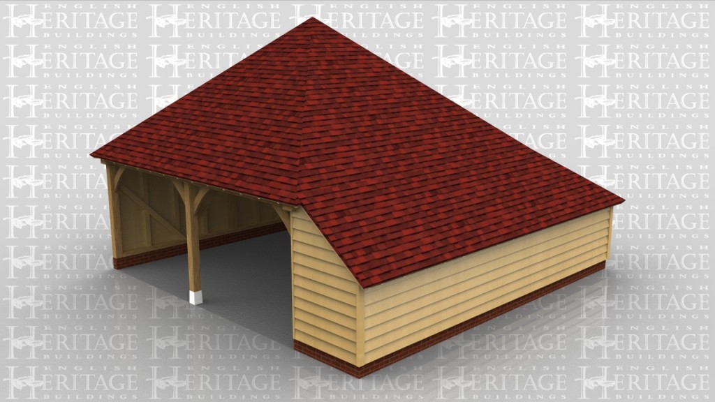 Two bay oak framed garage with hipped roof ends an aisle to the right and catslide roofs to the right and rear of the building.