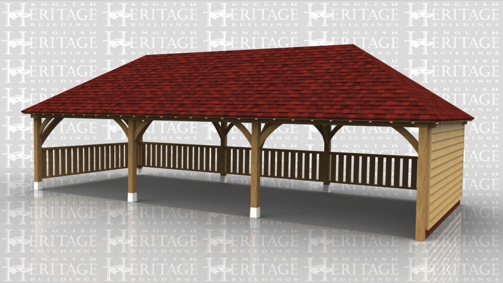 3 bay covered area with oak balustrading on 2 sides and a third side weatherboarded.