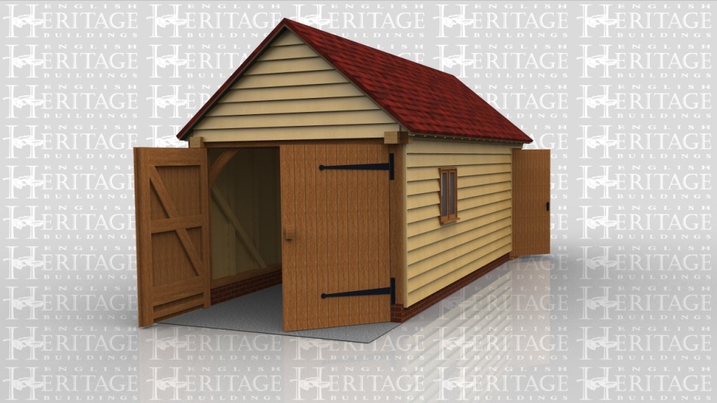 Single garage with garage doors. This building also has space for a workshop at the end.