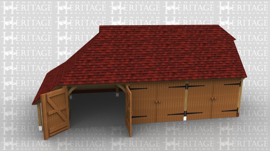 3 bay garage enclosed with garage doors. The first floor is for storage and reached via a hatch. There is a catslide on the left for both internal use and external log store.