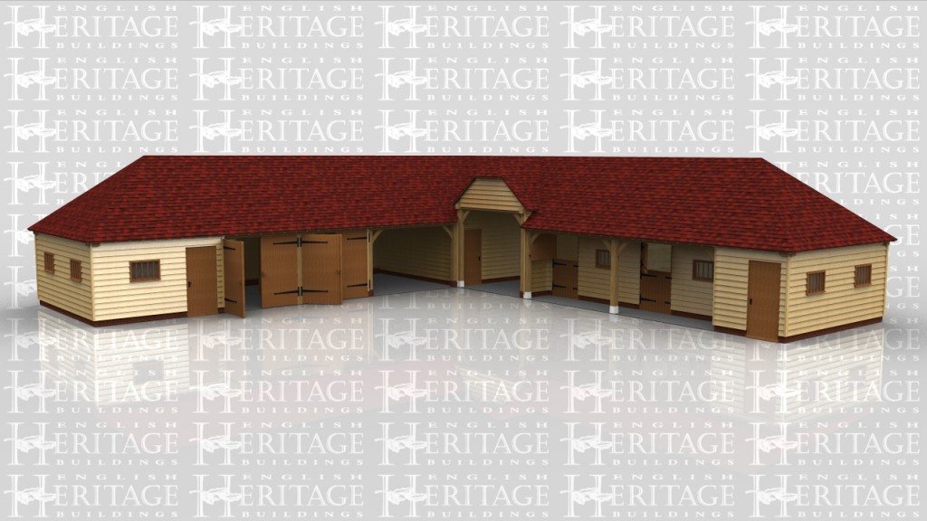 Stable and garage complex consisting of 2 stables, tack room, two enclosed garage bays with a further one open garage bay and 2 large storage areas and a drive through.
