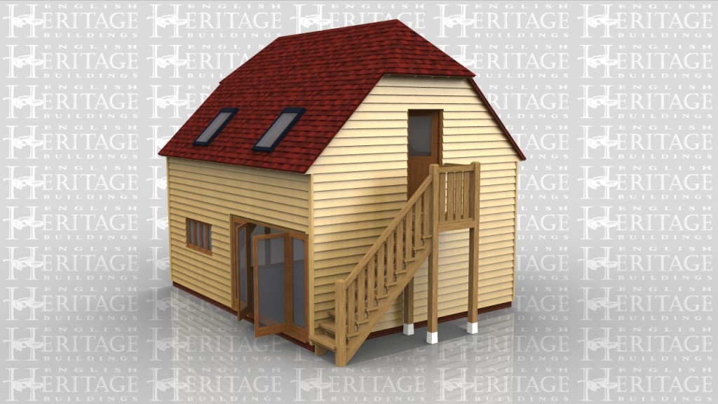 2 bay oak sling brace frame building with external oak staircase.
