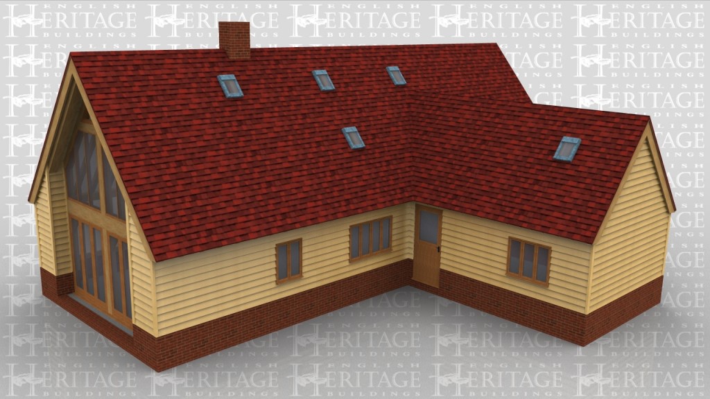 An oak framed house designed with 2 glazed gable areas and multiple rooflights to bring plenty of light into the building and get the best out of the views. The steep 50 degree pitch also gives greater use of the upper floor area and by branching off the house in a T-shape this gives a clever way to separate kitchen or more functional areas from the living space.