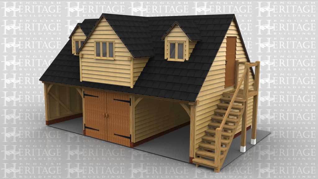 3 bay garage, centre bay enclosed with garage doors, external oak staircase to the first floor which has 2 smaller dormers and one large dormer for added space upstairs.