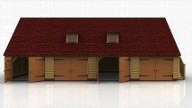 This oak framed two storey garage building has four enclosed bays. Each bay is accessed via a set of standard garage doors to the front. The first floor is accessed by an external oak staircase and a half glazed door. On the first floor there are two dormers to the front with two pane windows. There is also a three pane window to the left hand side.
