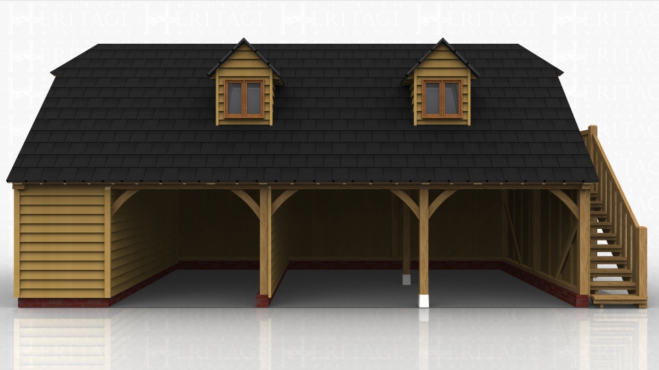 This oak framed two storey garage has three open bays and one enclosed bay, with an open logstore to the rear. The enclosed bay is accessed via a single door to the rear. There is an external oak staircase on the right hand side and the first floor is accessed by a half glazed door. There are two dormers to the front, each with a two pane window.