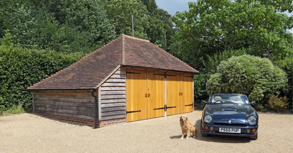 A catslide roof on a 2 bay, oak framed garage