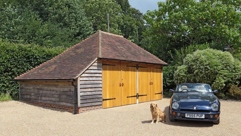 A catslide roof on a 2 bay, oak framed garage